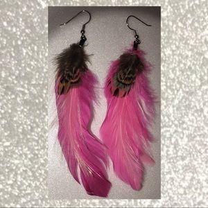 Hot Pink Feather Earrings with Pattern Accent